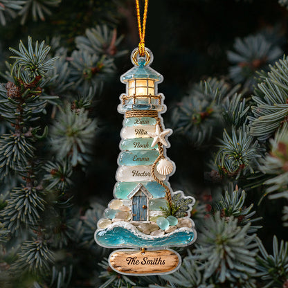 Coastal Sea Glass Lighthouse Christmas - Personalized Family Ornament
