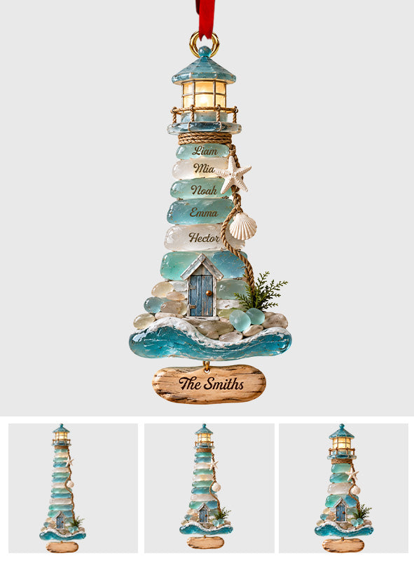 Coastal Sea Glass Lighthouse Christmas - Personalized Family Ornament