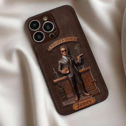 Whiskey And Cigar - Personalized Whisky 3D Embossed Leather Phone Case