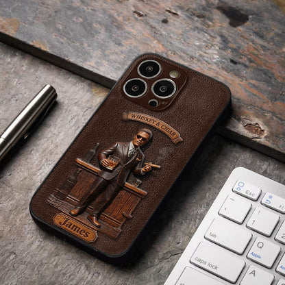 Whiskey And Cigar - Personalized Whisky 3D Embossed Leather Phone Case
