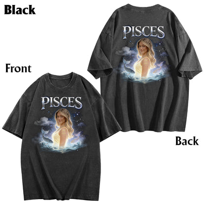 Custom Any Photo Zodiac Style - Personalized Horoscope Wash T-Shirt