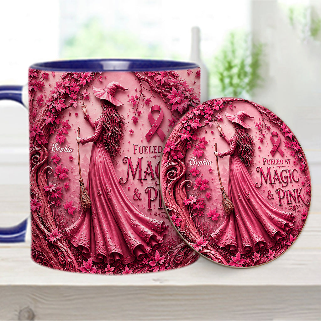 Fueled By Magic & Pink - Personalized Breast Cancer Awareness Accent Mug & Coaster
