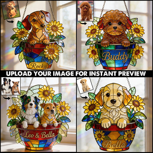 Cute Pet And Flowers - Personalized Dog Window Hanging Suncatcher Ornament