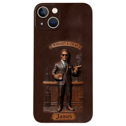 Whiskey And Cigar - Personalized Whisky 3D Embossed Leather Phone Case