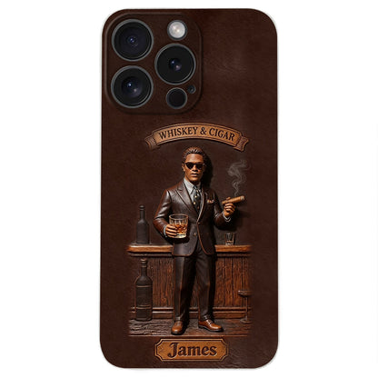 Whiskey And Cigar - Personalized Whisky 3D Embossed Leather Phone Case