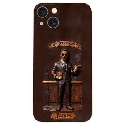 Whiskey And Cigar - Personalized Whisky 3D Embossed Leather Phone Case