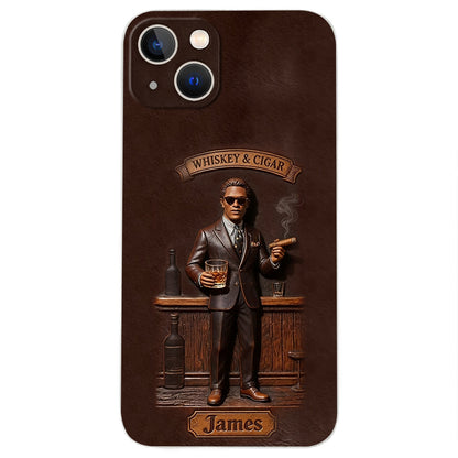 Whiskey And Cigar - Personalized Whisky 3D Embossed Leather Phone Case