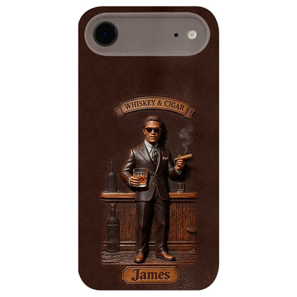 Whiskey And Cigar - Personalized Whisky 3D Embossed Leather Phone Case