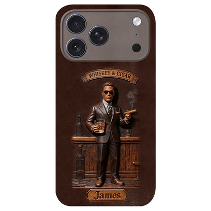Whiskey And Cigar - Personalized Whisky 3D Embossed Leather Phone Case