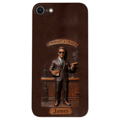 Whiskey And Cigar - Personalized Whisky 3D Embossed Leather Phone Case