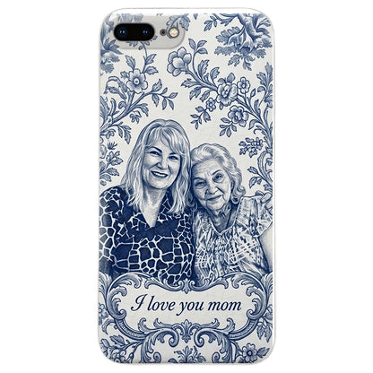 Mother Gift Idea, Blue Toile De Jouy Pattern - Personalized Mother 3D Embossed Leather Phone Case