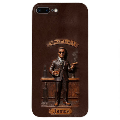 Whiskey And Cigar - Personalized Whisky 3D Embossed Leather Phone Case