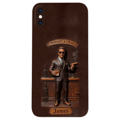 Whiskey And Cigar - Personalized Whisky 3D Embossed Leather Phone Case