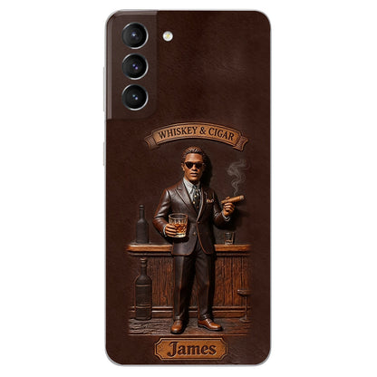 Whiskey And Cigar - Personalized Whisky 3D Embossed Leather Phone Case