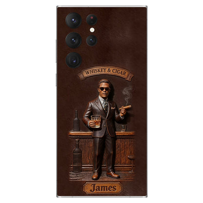 Whiskey And Cigar - Personalized Whisky 3D Embossed Leather Phone Case