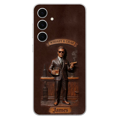 Whiskey And Cigar - Personalized Whisky 3D Embossed Leather Phone Case