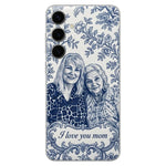 Mother Gift Idea, Blue Toile De Jouy Pattern - Personalized Mother 3D Embossed Leather Phone Case