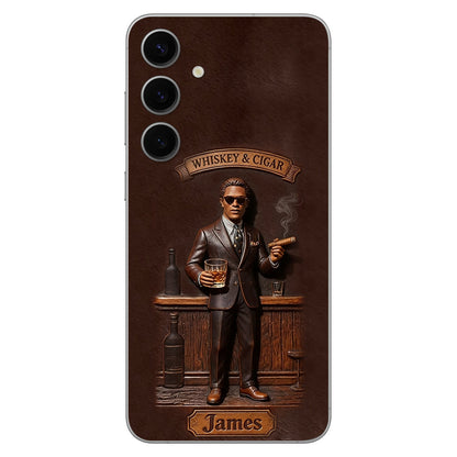 Whiskey And Cigar - Personalized Whisky 3D Embossed Leather Phone Case