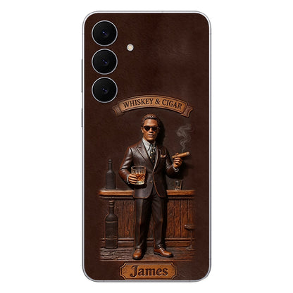 Whiskey And Cigar - Personalized Whisky 3D Embossed Leather Phone Case