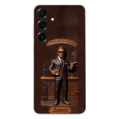 Whiskey And Cigar - Personalized Whisky 3D Embossed Leather Phone Case